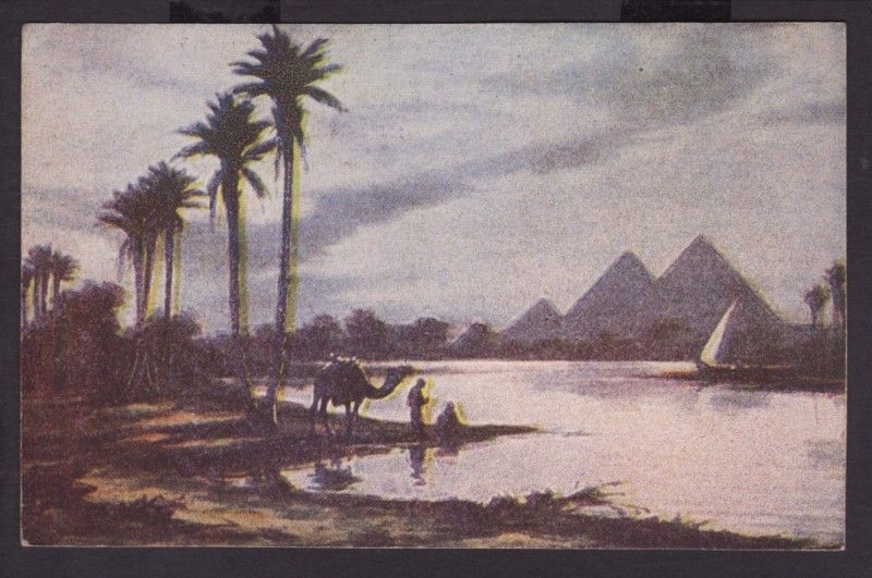 OASIS PYRAMIDS CAMEL OLD EGYPT POSTCARD FAROUK STAMP x2  