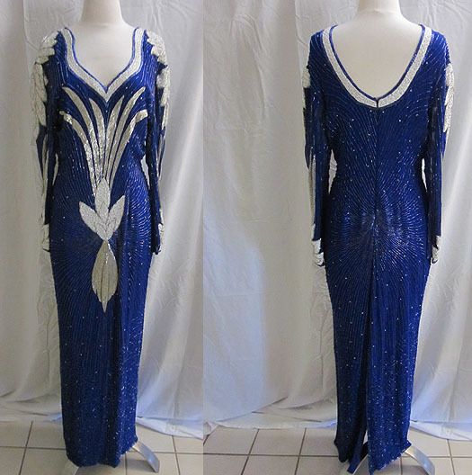   ORIGINALS SILK SEQUINS BEADED BALL GOWN INDIGO / BLUE DRESS SZ M