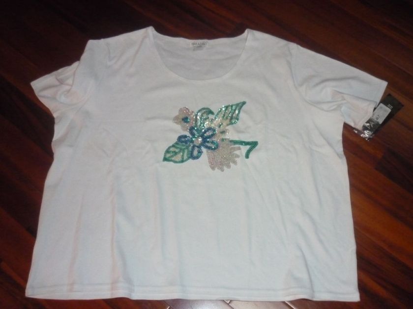 Paradiso Cotton White Shirt Sequins Plus 3X Cruise Tee  