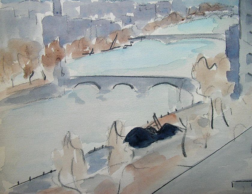 FAUVIST WATERCOLOR PAINTING SIGNED SEINE PARIS 1962  