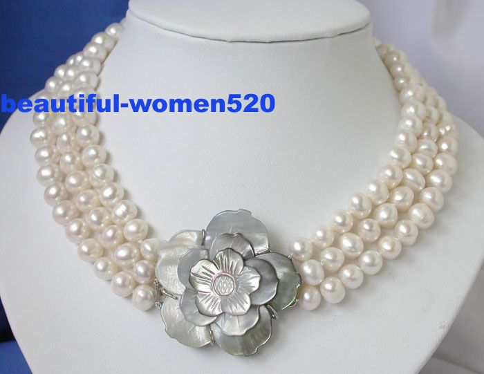 10mm 3strands white round freshwater pearls Necklace ,This a 