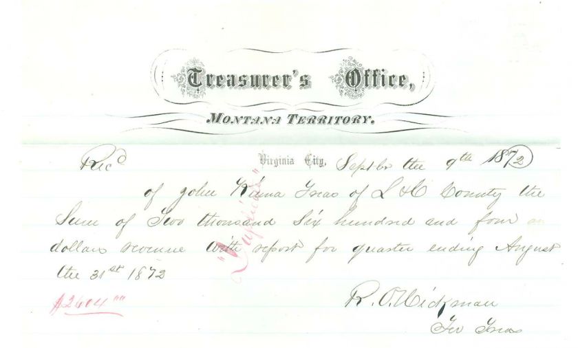 MONTANA TERRITORY   Virginia City, Treasurer Receipt from L & C County 