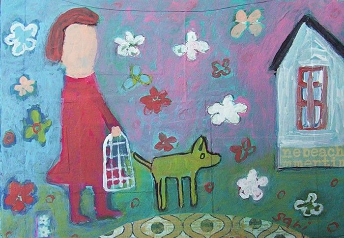 Girl Dog PAINTING ( 699) Folk Primitive Collage Altered ART Israeli 