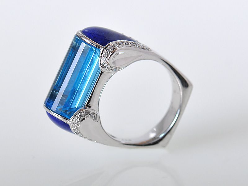 Gadi 18k White Gold Topaz Lapis Diamond Bar Ring  