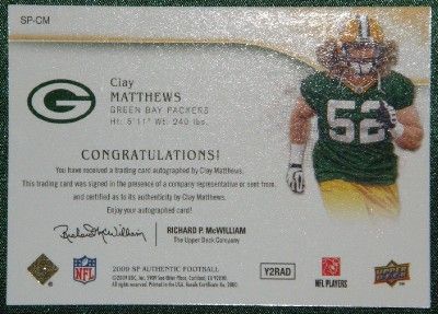 CLAY MATTHEWS 09 SP AUTHENTIC GOLD AUTO RC /25 PACKERS  