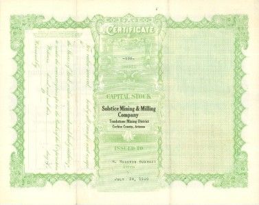 Solstice Mining Co Tombstone AZ Stock Certificate  