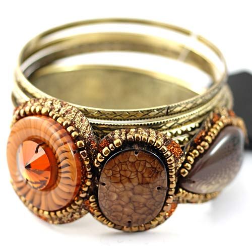 d6658 Wide Golden Bronze Tone Gem Beads Bracelet Bangle  