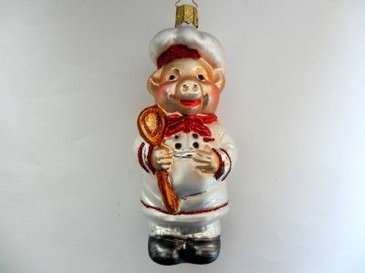 INGE GLAS PIG CHEF GERMAN BLOWN GLASS CHRISTMAS ORNAMENT COOK HAT 