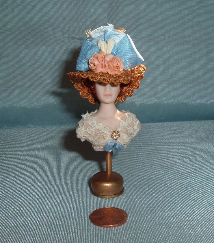   Miniatures Bisque Porcelain Milliners Wigged Lady Mannequin w. Hat