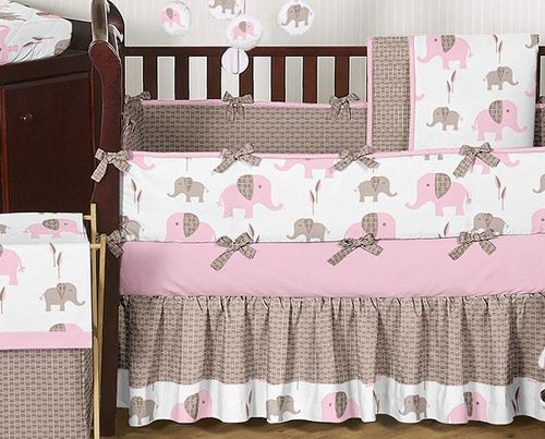 UNIQUE DISCOUNT PINK AND BROWN MOD ELEPHANT DESIGNER GIRL BABY BEDDING 