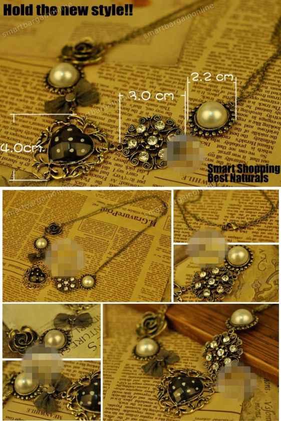 1x Vintage Bronze Crystal Faux Pearl Flower Heart Charm Chain Necklace 