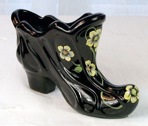 Fenton Hand Painted Paisley Slipper in Black Glass  