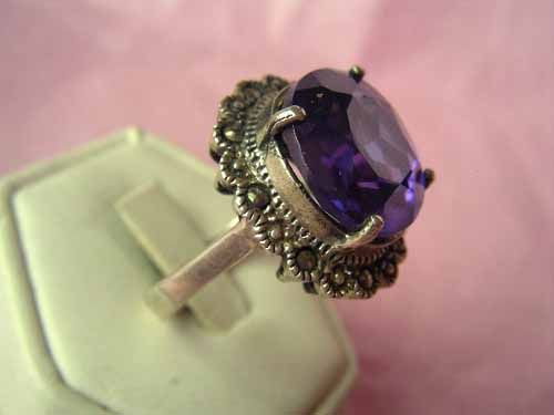 HUGE Sterling AMETHYST Marcasite Cocktail Ring Sz 9  