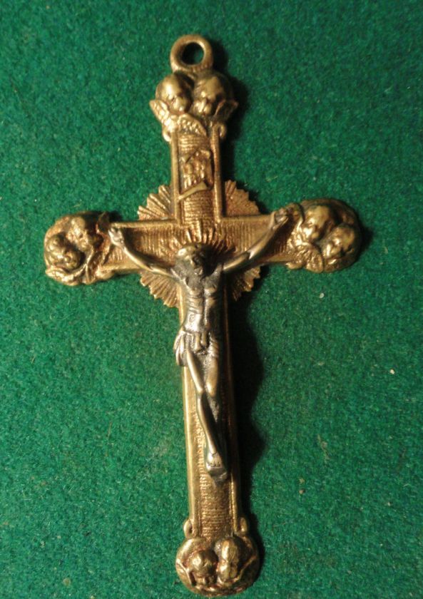 Antiq 19th CENT. VERY LGE METAL PECTORAL CRUCIFIX W/ ANGELS  