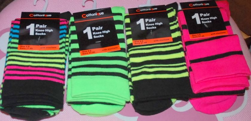 Ladies knee high stripey socks in 3 bright neon colour options BNWT 