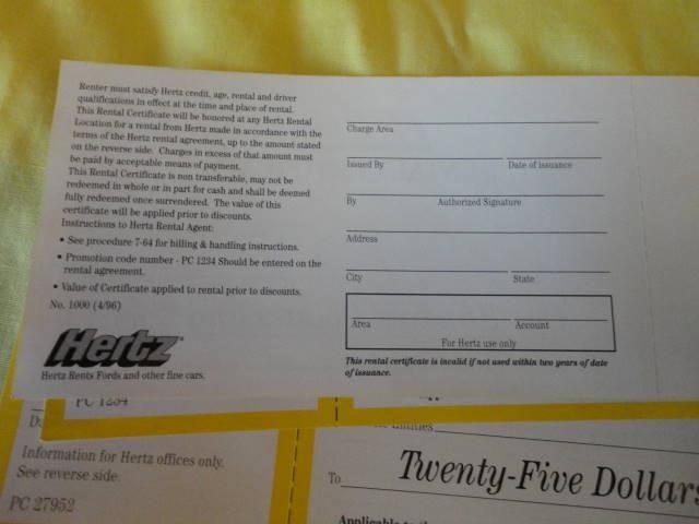 250 worth of Hertz Rental Certificates  