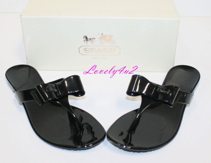 New Womens Coach Pretty Metal Jelly Black Bow Flip Flops Sandals sz 6 