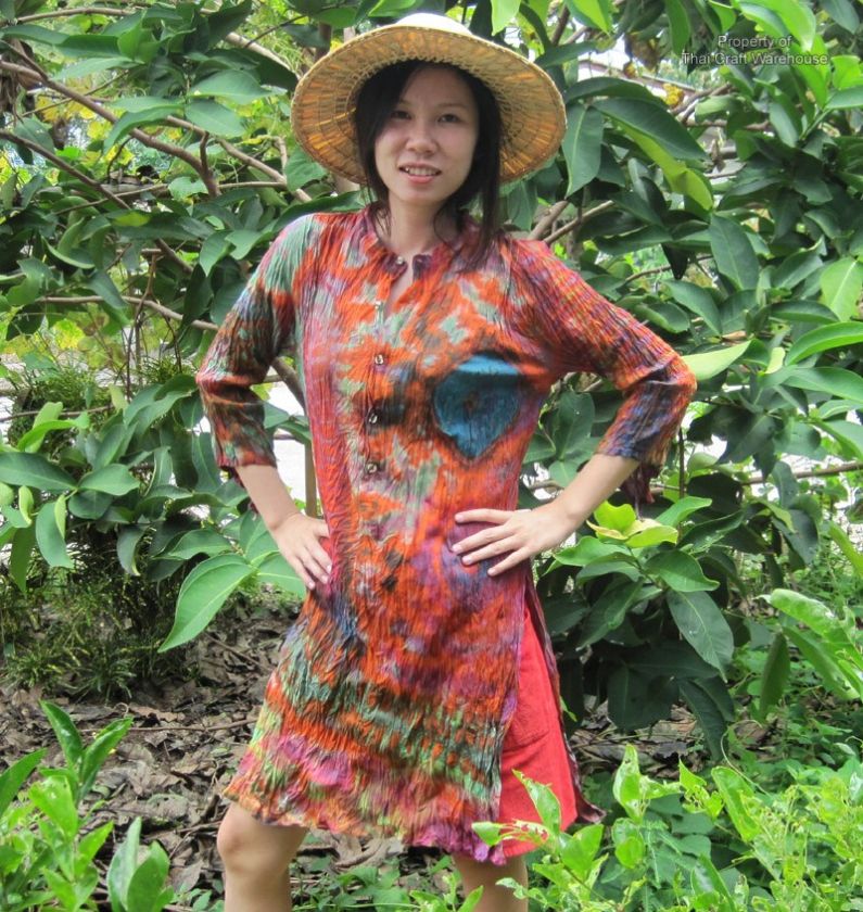 Long Chinese Ladies TaiChi Tie Dyed Shirt in Orange  