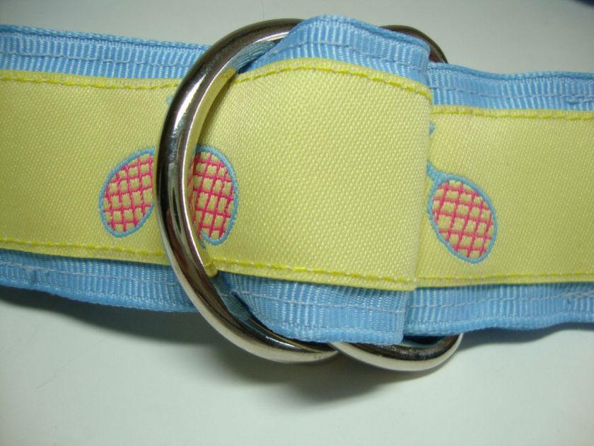 SEW PREPPY Yellow & Blue Ribbon Tennis Theme D Ring BELT Womens M NWOT 