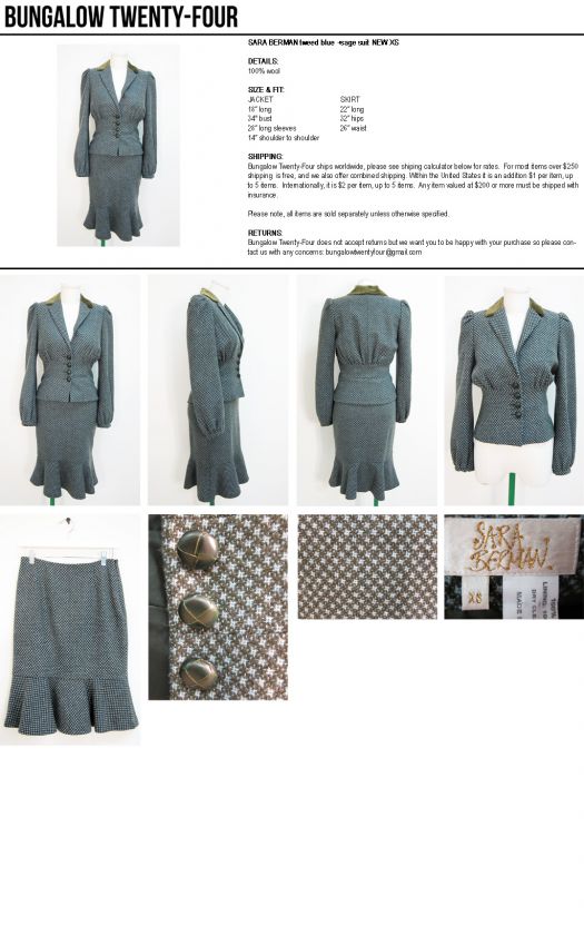 SARA BERMAN tweed blue +sage suit NEW XS  