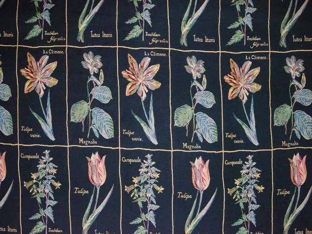 Black Aqua Botanical Drapery Upholstery Tapestry Fabric  