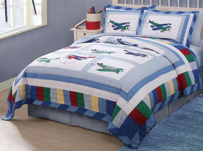   Plane Airplane Theme Blue Boys Bedding Twin Quilt & Sham NEW  