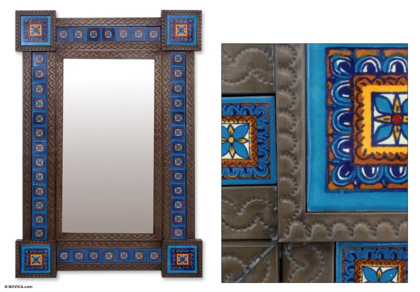   EMBOSSED TIN & CERAMIC WALL MIRROR Retro Vintage Style 38x26  