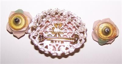 Vintage Pin Brooch Earring Set Ceramic Pink Roses  