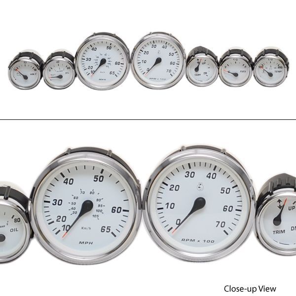 FARIA 7 PIECE SILVER / WHITE OUTBOARD BOAT GAUGE SET  