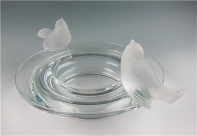   MOINEAUX BOWL w/ TWO SPARROWS French Crystal Art Glass 2 Bird  