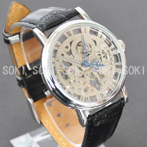   Skeleton Analog Mechanical Mens Black Band Wrist Watch M02  