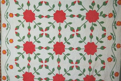   WAR Red & Green Floral Applique Antique Quilt STUFFED APPLIQUE CHEDDAR