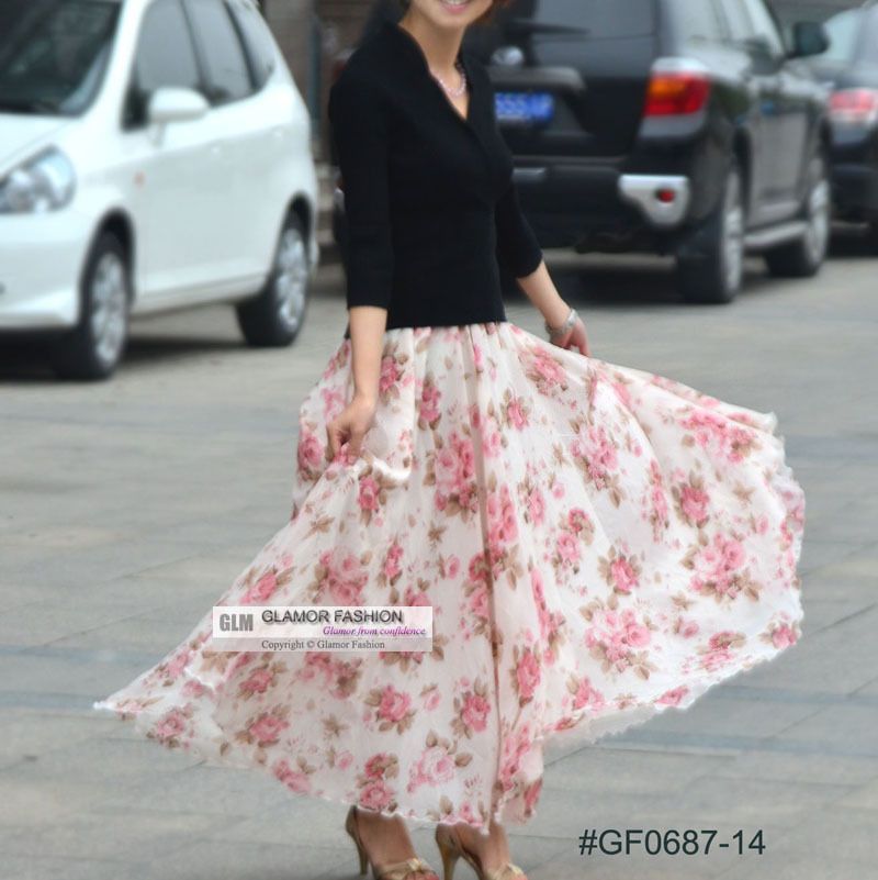 Full Circle Floral Chiffon Skirt Long Skirt S~3XL #0687  