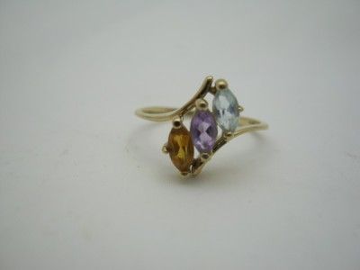 10K Yellow Gold 3 Stone Ring Topaz/Citrine Amethyst Aquamarine  