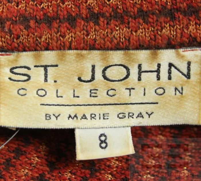 St. John Collection 2pc Orange Shimmer Knit Zip Up Jacket & Skirt Suit 