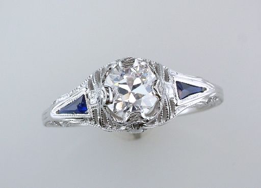   Antique Art Deco 1ct Diamond Sapphire 18K White Gold Engagement Ring