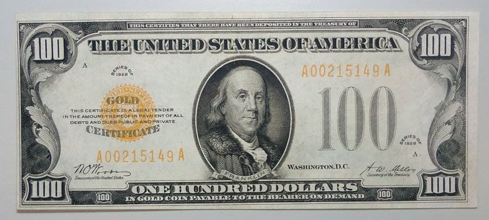 1928 $100 GOLD CERTIFICATE CHOICE CU  