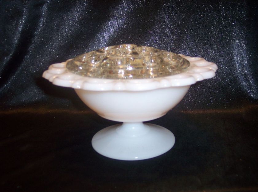 MILK GLASS PEDSTAL BOWL WITH SCALLOPED EDGE 17 HOLE FLOWER FROG  