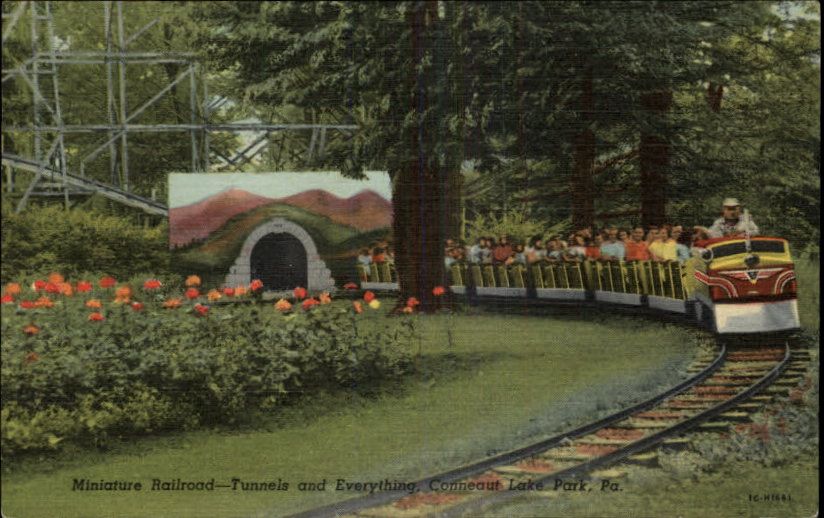 CONNEAUT LAKE PARK PA Miniature Railroad Train Old Linen Postcard 