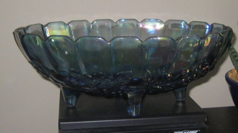 Indiana Glass GARLAND Blue Carnival Grapes Footed Bowl  