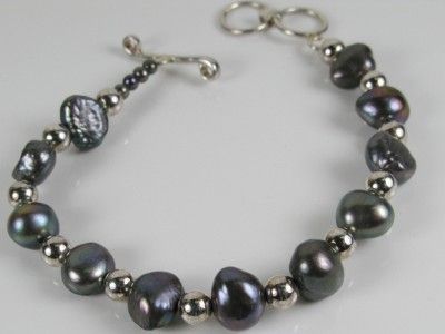 Estate Baroque Tahitian Pearl 925 Sterling Silver Bead Bracelet 16.5g 