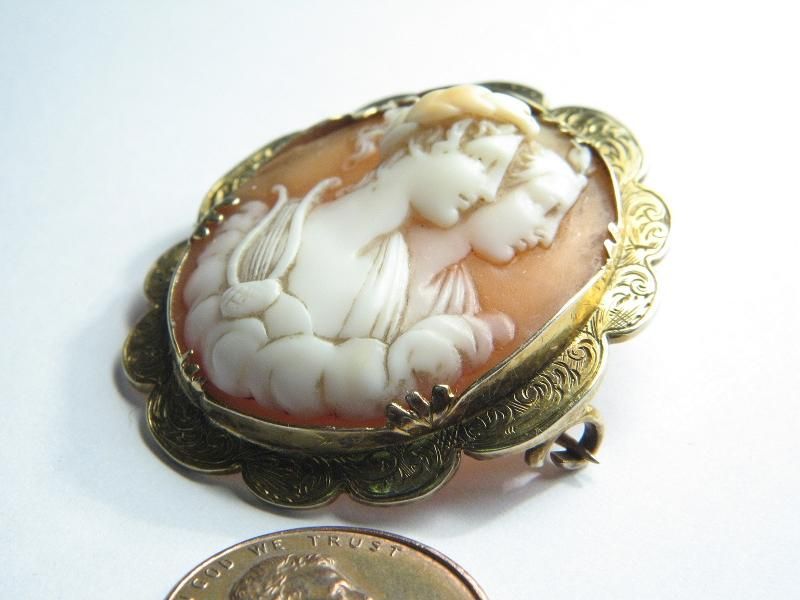 ANTIQUE GOLD CARVED SHELL CAMEO BROOCH GODDESSES c1860  