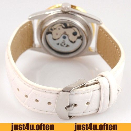   Leather Lady Womens Golden Mechanical Movt Watch Crystals Inlay Gift
