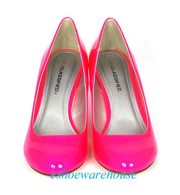 NEON Bright Hot Pink Patent Round Toe Cutie Comfy Mid Heel Pumps 