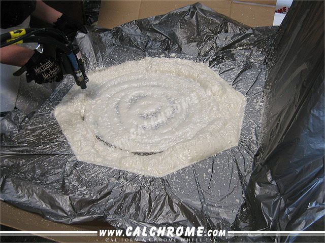 Proprietary vaccum protective wheel mold. 2. Foam is injected into 