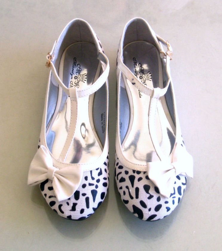 New Round Toe T Strap Ballet Flats Bow Animal lepard Print White 