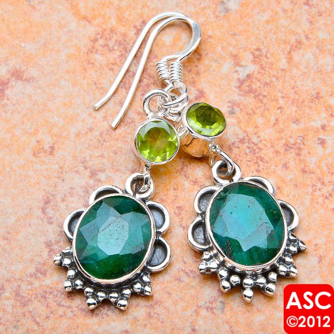 BRAZILIAN EMERALD, PERIDOT .925 SILVER EARRINGS 1 3/4  