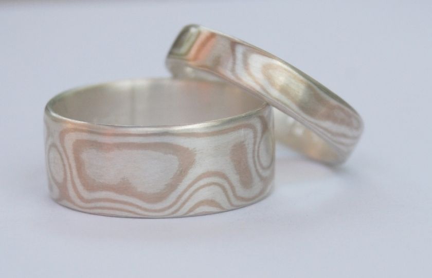 Mokume gane matching bands in 14k white gold and sterling silver 