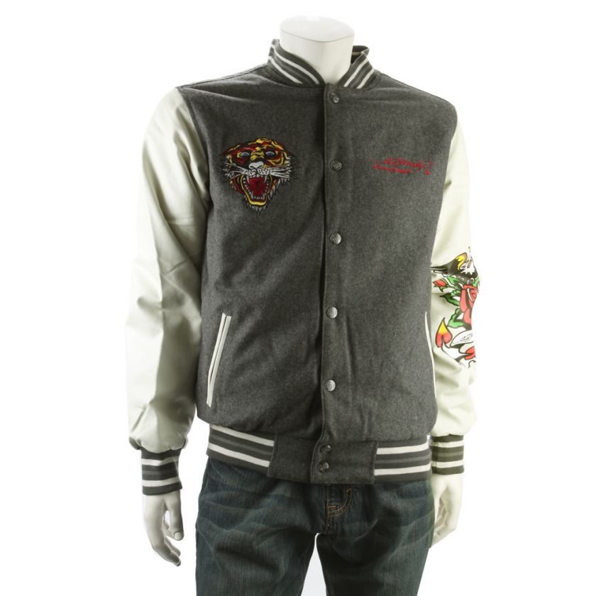 Ed Hardy Grey Mens Tiger Baseball Jacket  