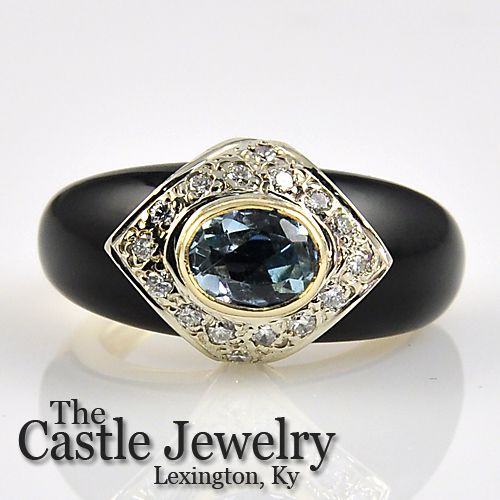 LADIES OVAL AQUAMARINE .24CT DIAMOND BLACK ONYX RING YG  